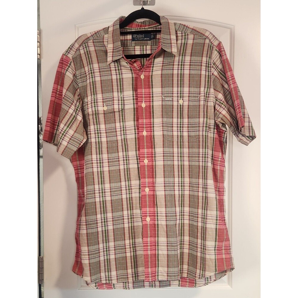 Polo Ralph Lauren Men's Large Short Sleeve Button Down Plaid Shirt Red Green
